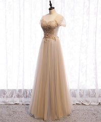 Bridesmaid Dresses 2025, Champagne Sweetheart Tulle Lace Long Prom Dress Champagne Formal Dress