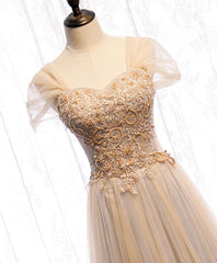 Bridesmaid Dress 2025, Champagne Sweetheart Tulle Lace Long Prom Dress Champagne Formal Dress