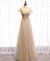 Bridesmaid Dresses Fall, Champagne Sweetheart Tulle Lace Long Prom Dress Champagne Formal Dress