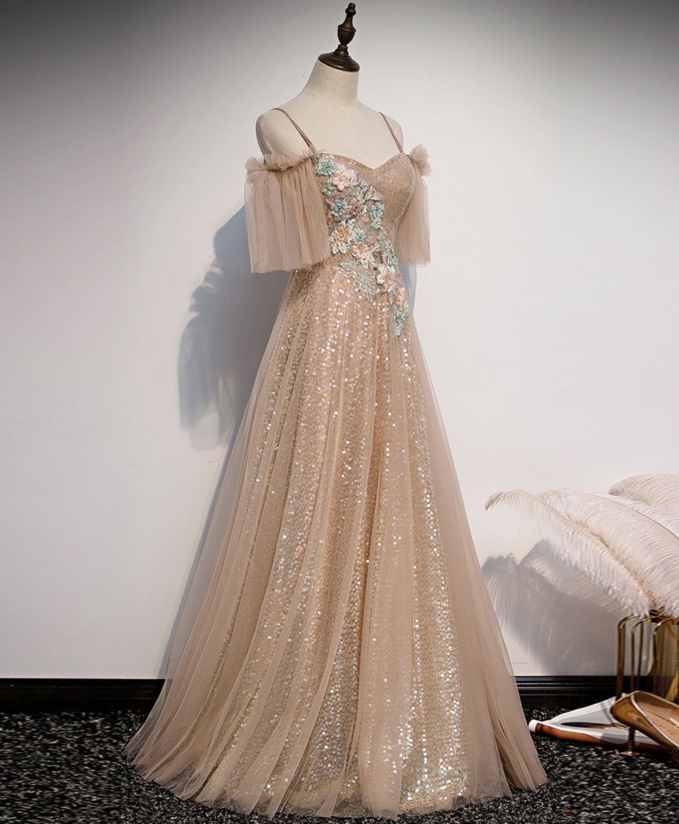 Bridesmaid Dress Gown, Champagne Sweetheart Tulle Lace Long Prom Dress Tulle Formal Dress