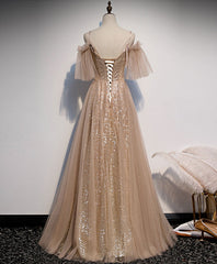 Bridesmaid Dressing Gowns, Champagne Sweetheart Tulle Lace Long Prom Dress Tulle Formal Dress