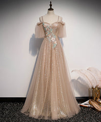 Bridesmaid Dressing Gown, Champagne Sweetheart Tulle Lace Long Prom Dress Tulle Formal Dress