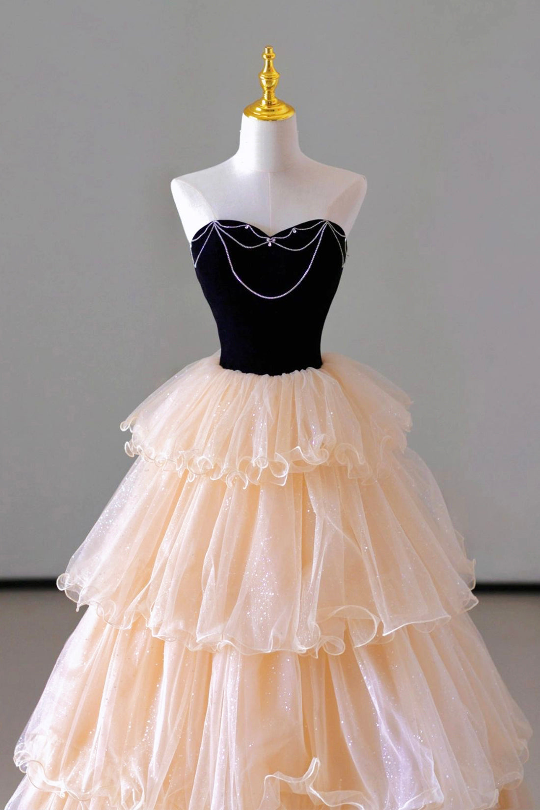 Formal Dress Trends, Champagne Sweetheart Tulle Layers Long Party Dress, Strapless A-Line Prom Dress
