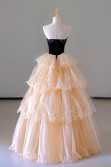 Formal Dresses Short, Champagne Sweetheart Tulle Layers Long Party Dress, Strapless A-Line Prom Dress