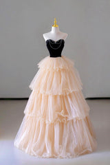 Formal Dresses Ideas, Champagne Sweetheart Tulle Layers Long Party Dress, Strapless A-Line Prom Dress