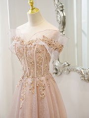 Prom Dress Simple, Champagne Tulle Lace A line Long Prom Dress, Lace Champagne Evening Dress