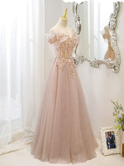 Prom Dress With Slits, Champagne Tulle Lace A line Long Prom Dress, Lace Champagne Evening Dress