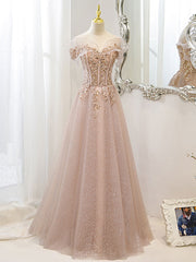 Prom Dresses Simple, Champagne Tulle Lace A line Long Prom Dress, Lace Champagne Evening Dress