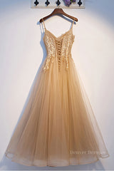 Party Dress Style, Champagne tulle lace long prom dress champagne formal dress