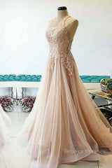 Prom Dresses For Warm Weather, Champagne tulle lace long prom dress, champagne tulle evening dress