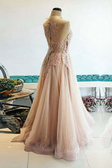 Prom Dresses 2046, Champagne tulle lace long prom dress, champagne tulle evening dress