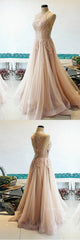 Prom Dresses For Blondes, Champagne tulle lace long prom dress, champagne tulle evening dress