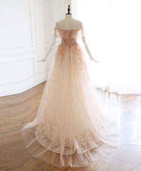 Bridesmaids Dress Styles Long, Champagne Tulle Lace Long Prom Dress Champagne Tulle Lace Evening Dress