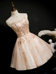 Prom Dresses Colorful, Champagne Tulle Lace Short Prom Dress, Puffy Champagne Homecoming Dress