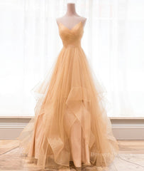 Prom Dressed 2050, Champagne tulle long prom dress, champagne evening dress