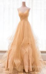 Prom Dress 2050, Champagne tulle long prom dress, champagne evening dress