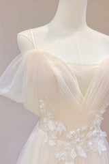 Prom Dresses Fitting, Champagne Tulle Long Prom Dress with Lace, Off the Shoulder Evening Dress