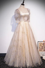 Party Dress And Style, Champagne Tulle Sequins Long Prom Dress, Cute 1/2 Sleeve Party Dress