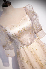 Party Dress Brands Usa, Champagne Tulle Sequins Long Prom Dress, Cute 1/2 Sleeve Party Dress