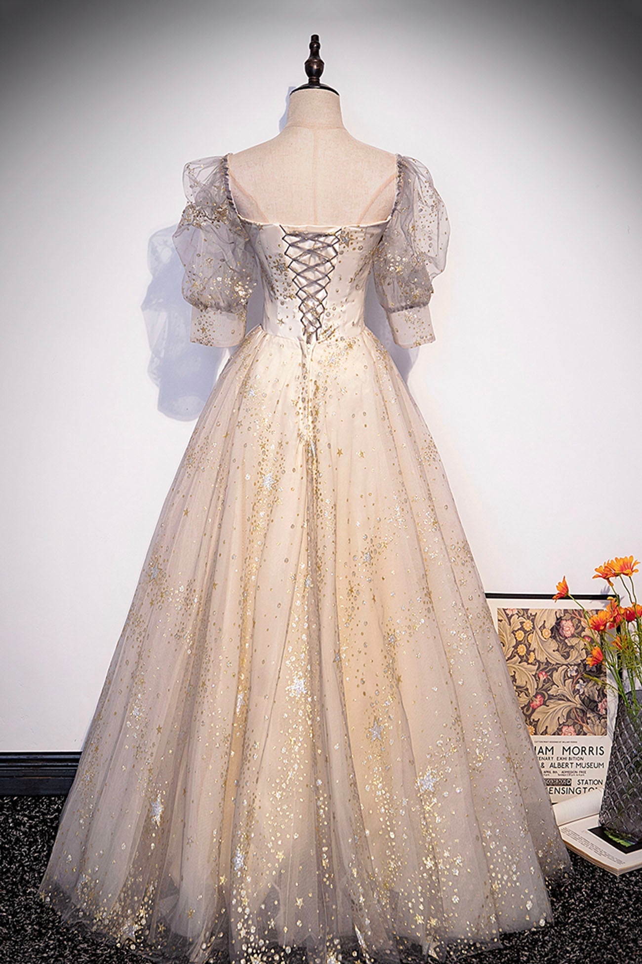 Party Dress Pinterest, Champagne Tulle Sequins Long Prom Dress, Cute 1/2 Sleeve Party Dress