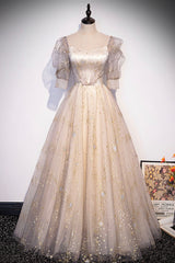 Party Dress Express, Champagne Tulle Sequins Long Prom Dress, Cute 1/2 Sleeve Party Dress