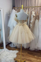 Party Dresses Europe, Champagne Tulle Short A-Line Prom Dress, Lovely Strapless Party Dress