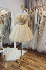 Party Dress Europe, Champagne Tulle Short A-Line Prom Dress, Lovely Strapless Party Dress