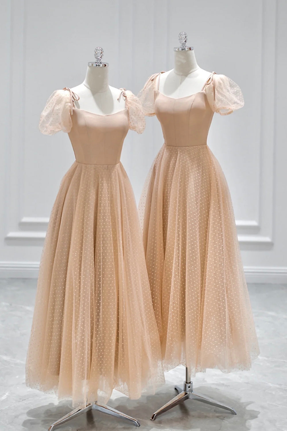 Formal Dresses, Champagne Tulle Tea Length Prom Dress, Cute Short Sleeve Evening Dress