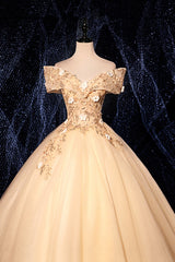 Prom Dress Website, Champagne V-Neck Lace Long Ball Gown, Off the Shoulder Formal Evening Dress