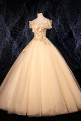 Prom Dresses Websites, Champagne V-Neck Lace Long Ball Gown, Off the Shoulder Formal Evening Dress