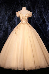 Prom Dresses Website, Champagne V-Neck Lace Long Ball Gown, Off the Shoulder Formal Evening Dress