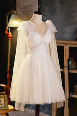 Prom Dresses Elegent, Champagne V-Neck Lace Short Prom Dress, Lovely A-Line Evening Party Dress