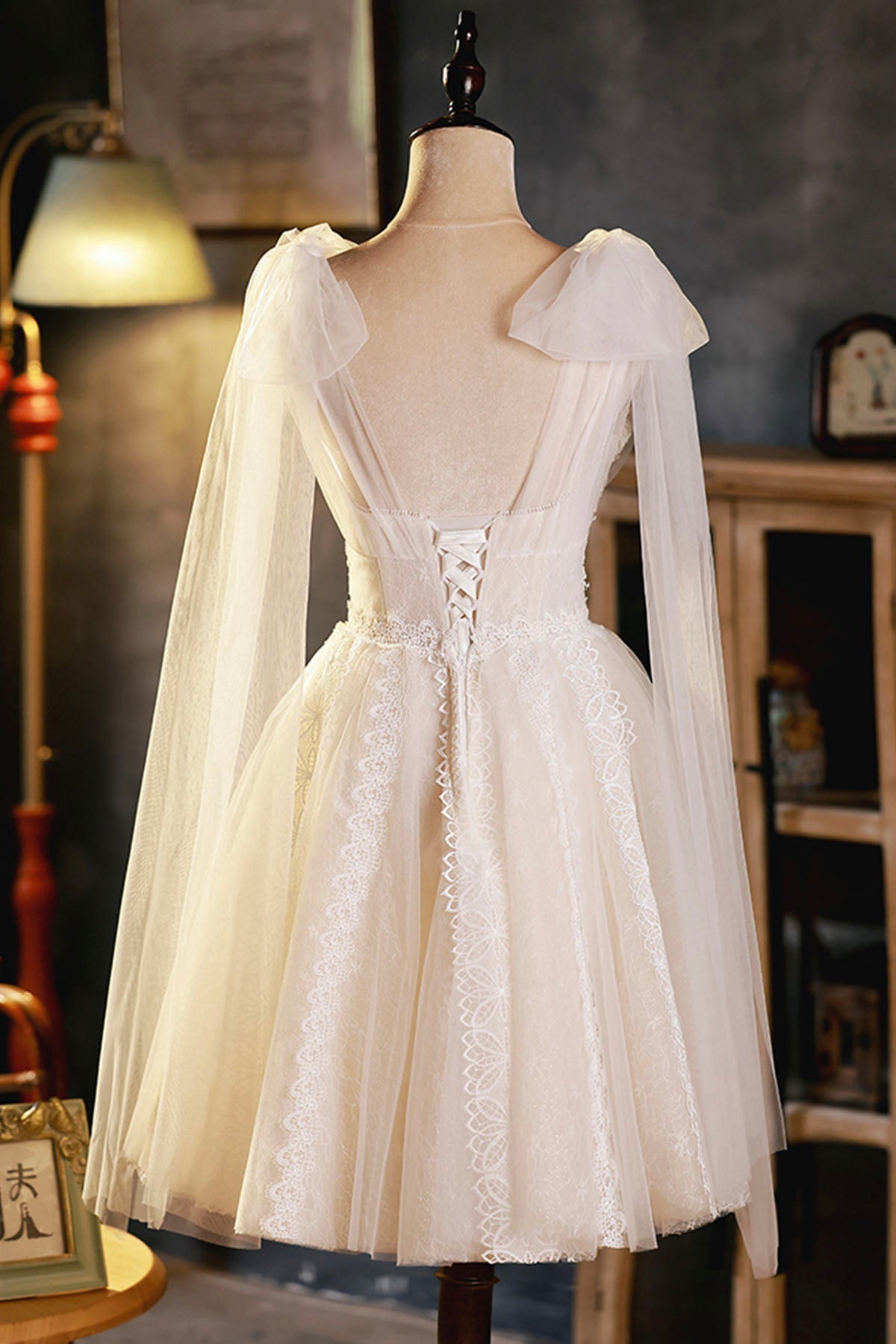 Prom Dress Shopping Near Me, Champagne V-Neck Lace Short Prom Dress, Lovely A-Line Evening Party Dress