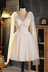 Prom Dresses Long Sleeves, Champagne V-Neck Lace Short Prom Dress, Lovely A-Line Evening Party Dress