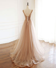 Bridesmaid Dress Designer, Champagne V Neck Tulle Beads Long Prom Dress Evening Dress