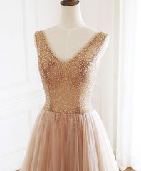 Bridesmaid Dresses Designers, Champagne V Neck Tulle Beads Long Prom Dress Evening Dress