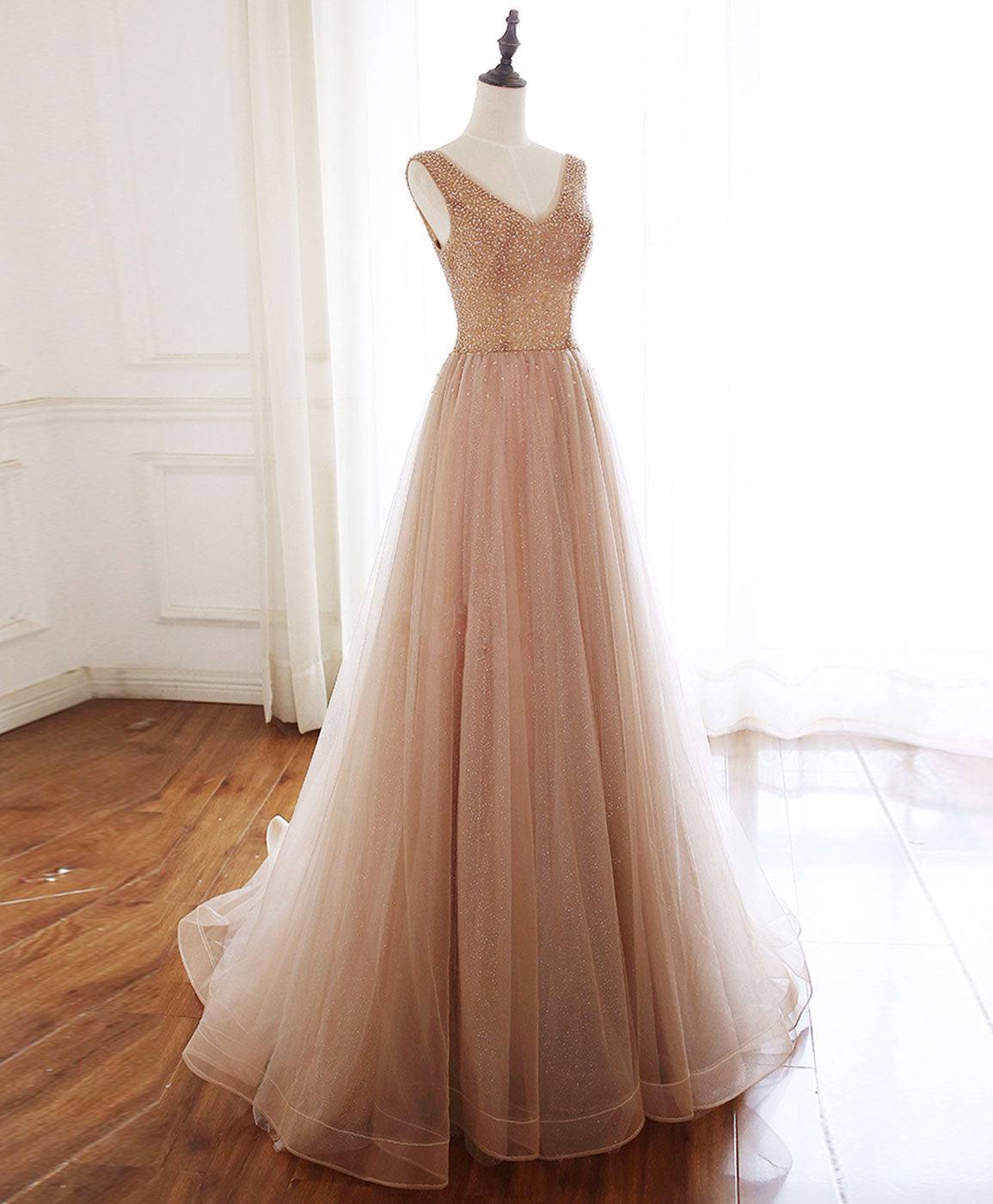 Bridesmaid Dress Design, Champagne V Neck Tulle Beads Long Prom Dress Evening Dress