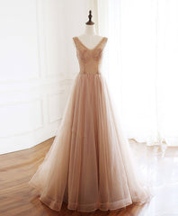 Bridesmaid Dresses Designs, Champagne V Neck Tulle Beads Long Prom Dress Evening Dress