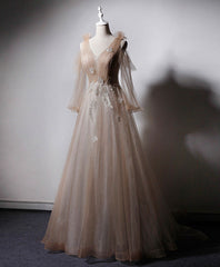 Reception Dress, Champagne V Neck Tulle Lace Long Prom Dress, Champagne Formal Evening Dress