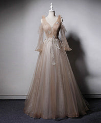 Homecoming Dress, Champagne V Neck Tulle Lace Long Prom Dress, Champagne Formal Evening Dress