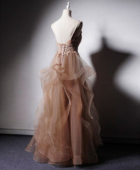 Classy Prom Dress, Champagne V Neck Tulle Lace Long Prom Dress, Champagne Graduation Dress