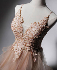 Short Dress, Champagne V Neck Tulle Lace Long Prom Dress, Champagne Graduation Dress