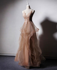 Quince Dress, Champagne V Neck Tulle Lace Long Prom Dress, Champagne Graduation Dress