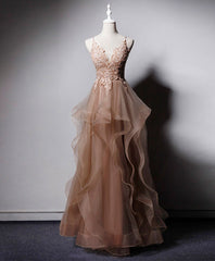 Vintage Dress, Champagne V Neck Tulle Lace Long Prom Dress, Champagne Graduation Dress