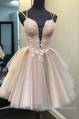 Bridesmaid Dress Fall Wedding, Champagne v neck tulle lace short prom dress lace homecoming dress