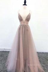 Prom Dresses Long Light Blue, Champagne v neck tulle long prom dress, champagne evening dress