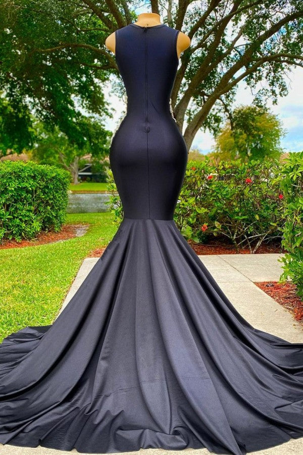 Bridesmaid Dresses Blue, Charming Black Long Mermadi Jewel Satin Tulle Lace Appliques Prom Dress
