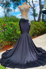 Bridesmaid Dress Outdoor Wedding, Charming Black Long Mermadi Jewel Satin Tulle Lace Appliques Prom Dress