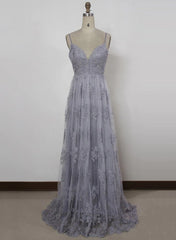 Bridesmaid Dress Shops Near Me, Charming Grey Lace Evening Party Dress , High Quality Formal Gown