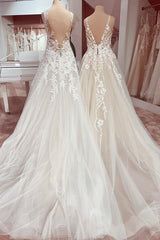 Weddings Dress Lace, Charming Long A-Line V-neck Appliques Lace Tulle Wedding Dress